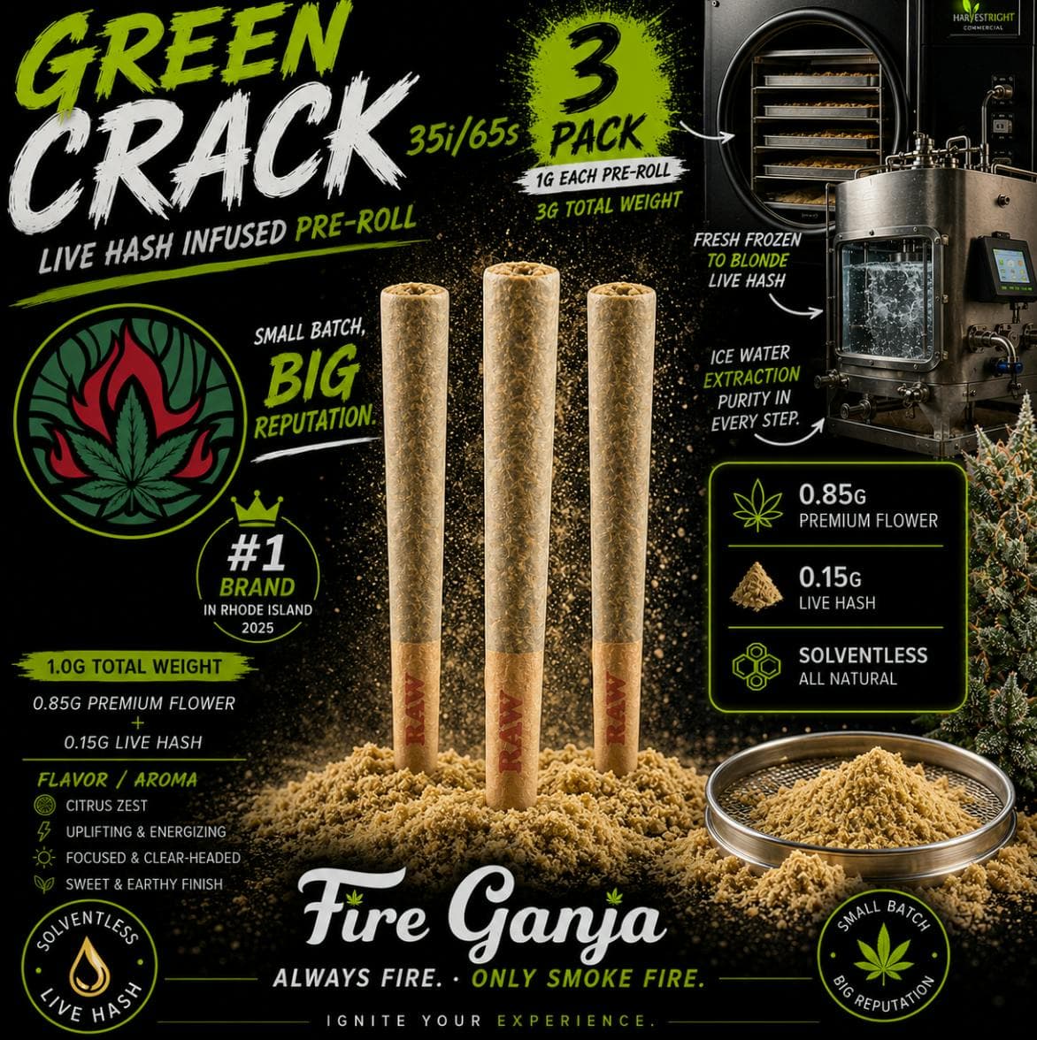 Green Crack x 3pk Infused Pre Rolls (.85 Flower & .15 Hash)