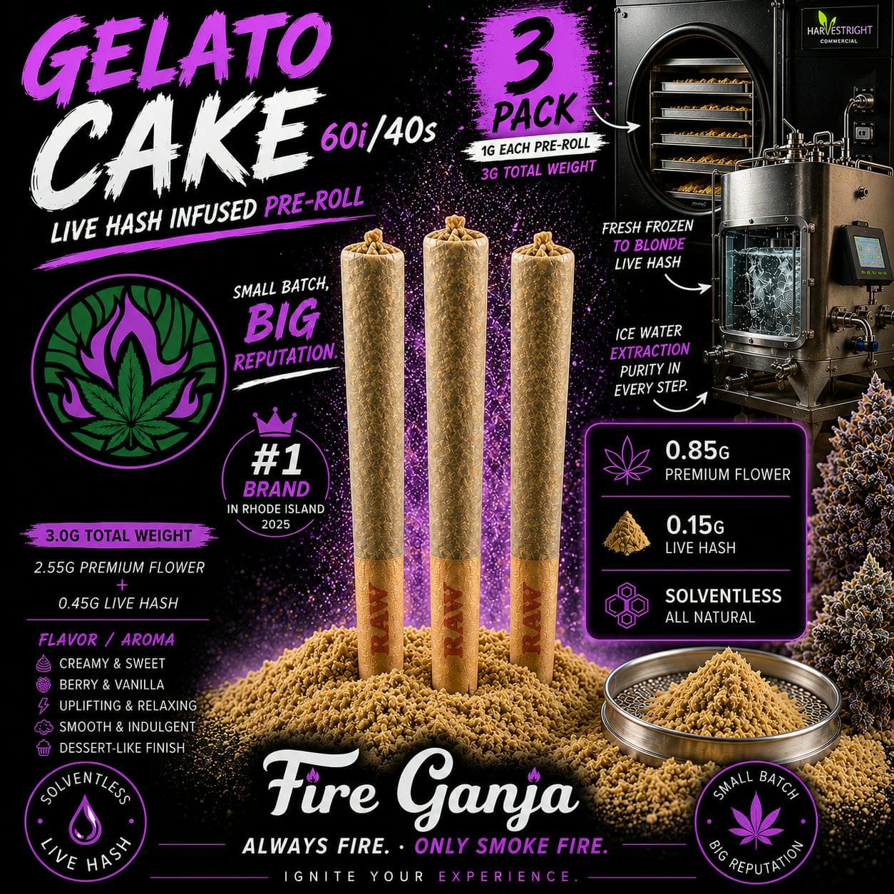 Gelato Cake x 3pk Infused Pre Roll (.85 Flower & .15 Hash)