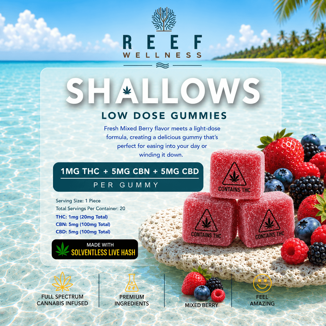 Shallows Low Dose Gummies - Mixed Berry | 1mg THC | 5mg CBD | 5mg CBN (20 Pack)