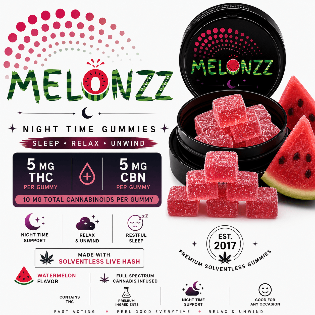 MelonZz Watermelon | 1:1 (THC:CBN) Gummies | 5mg | 20pk