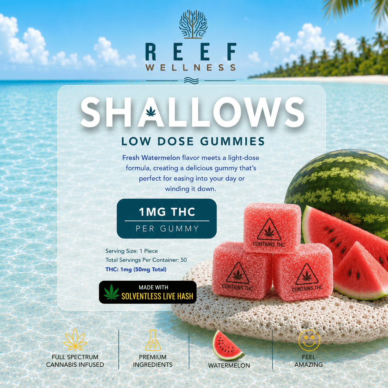 Shallows Low Dose Gummies - Watermelon | 1mg THC (50 Pack)